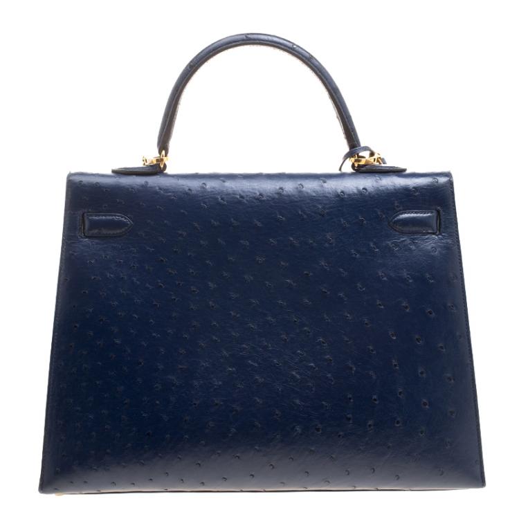 Pre Owned Hermes Blue De Malte Ostrich Gold Hardware Kelly Sellier 35 Bag