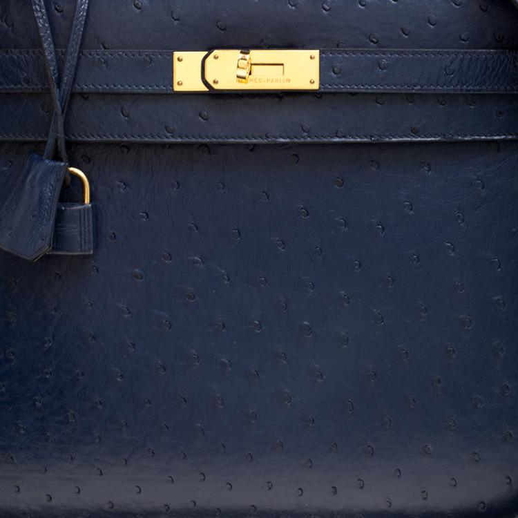 Pre Owned Hermes Blue De Malte Ostrich Gold Hardware Kelly Sellier 35 Bag