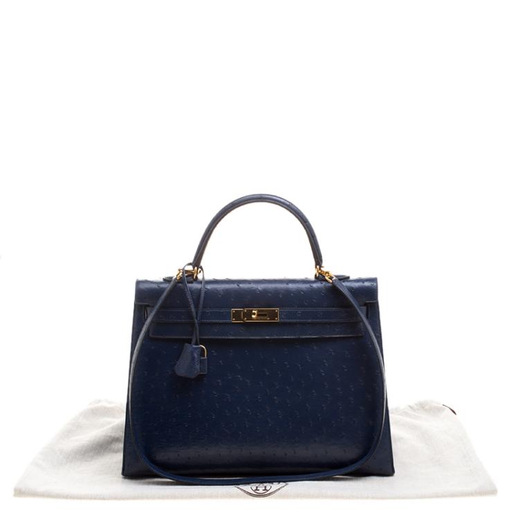 Pre Owned Hermes Blue De Malte Ostrich Gold Hardware Kelly Sellier 35 Bag