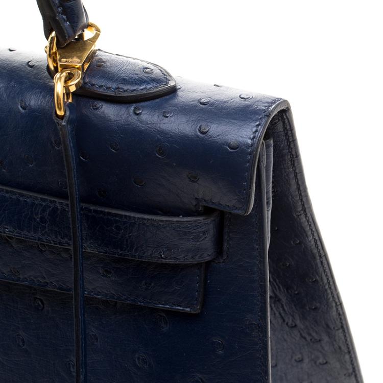 Pre Owned Hermes Blue De Malte Ostrich Gold Hardware Kelly Sellier 35 Bag