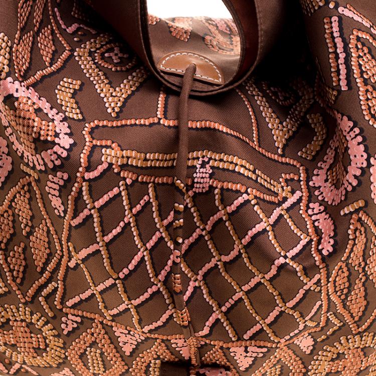 Pre Owned Hermes Brown Printed Kelly En Perles Silk and Swift Leather Silky City Bag