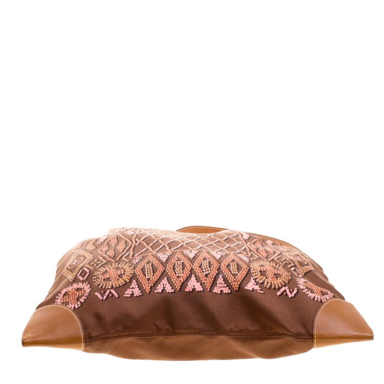 Pre Owned Hermes Brown Printed Kelly En Perles Silk and Swift Leather Silky City Bag