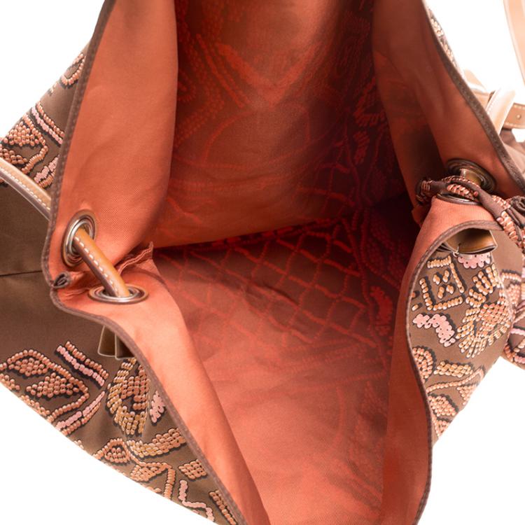 Pre Owned Hermes Brown Printed Kelly En Perles Silk and Swift Leather Silky City Bag