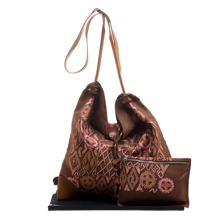Pre Owned Hermes Brown Printed Kelly En Perles Silk and Swift Leather Silky City Bag