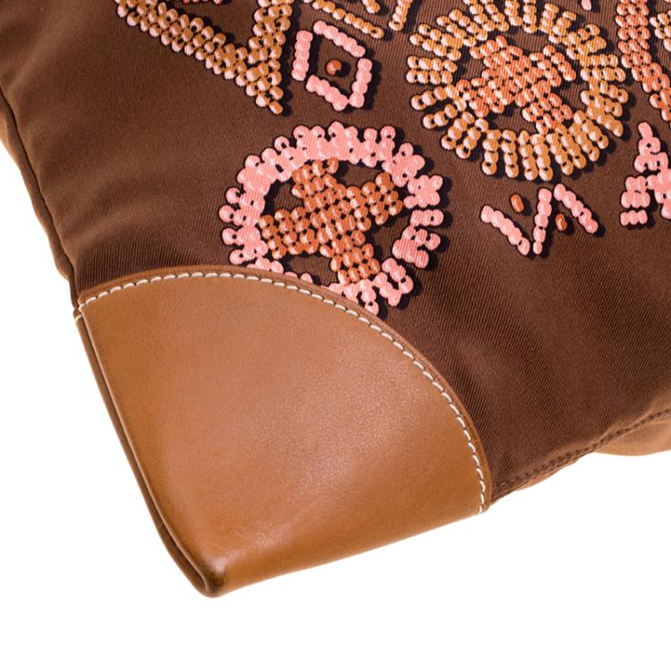 Pre Owned Hermes Brown Printed Kelly En Perles Silk and Swift Leather Silky City Bag