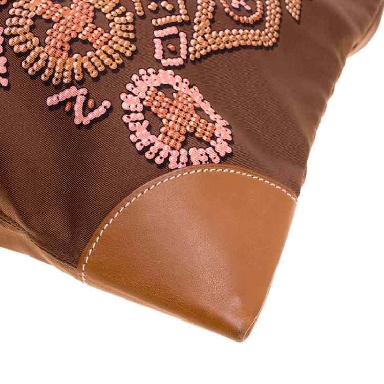 Pre Owned Hermes Brown Printed Kelly En Perles Silk and Swift Leather Silky City Bag