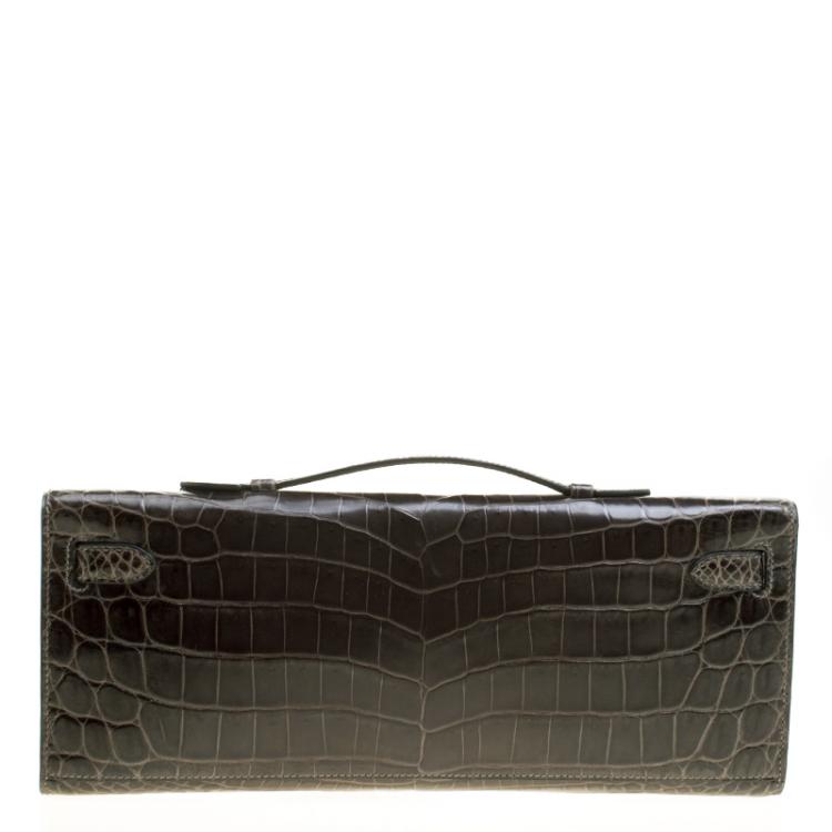 Pre Owned Hermes Olive Green Niloticus Crocodile Kelly Cut Clutch