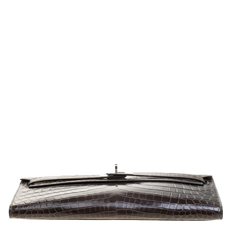 Pre Owned Hermes Olive Green Niloticus Crocodile Kelly Cut Clutch
