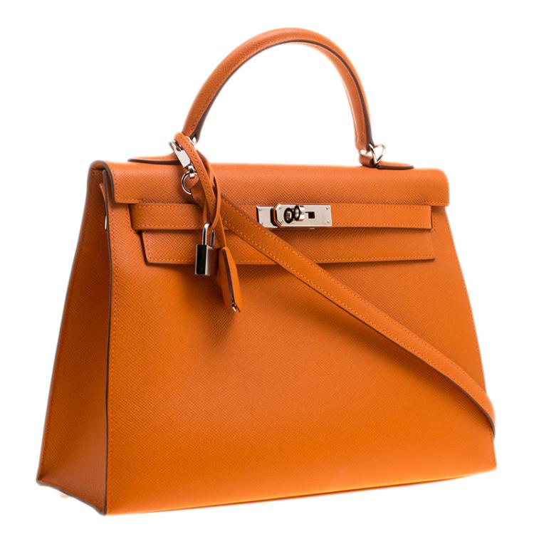 Pre Owned Hermes Orange Epsom Leather Palladium Hardware Kelly Sellier 32 Bag