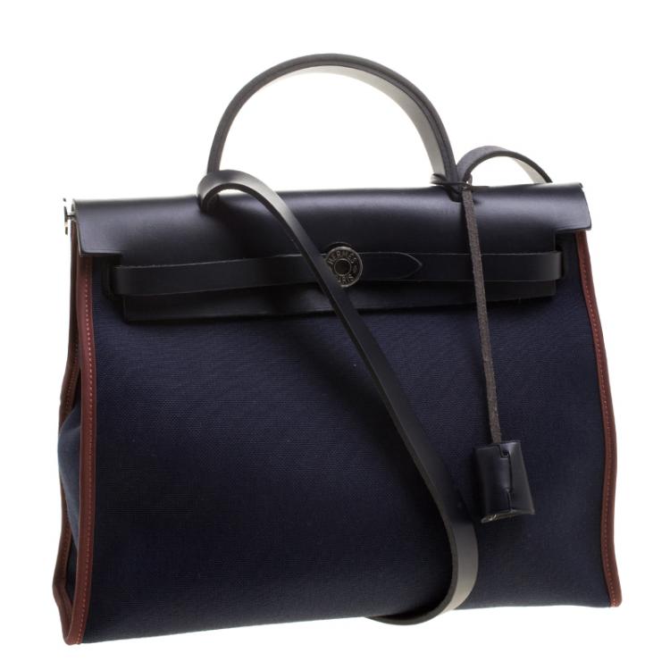 Pre Owned Hermes Black/Navy Blue Leather and Canvas Herbag Zip 31 Bag
