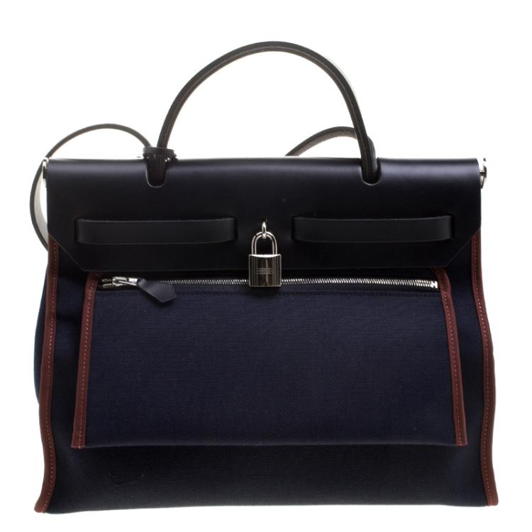 Pre Owned Hermes Black/Navy Blue Leather and Canvas Herbag Zip 31 Bag
