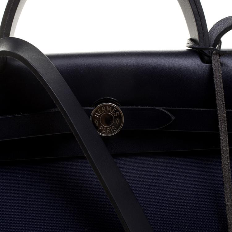 Pre Owned Hermes Black/Navy Blue Leather and Canvas Herbag Zip 31 Bag