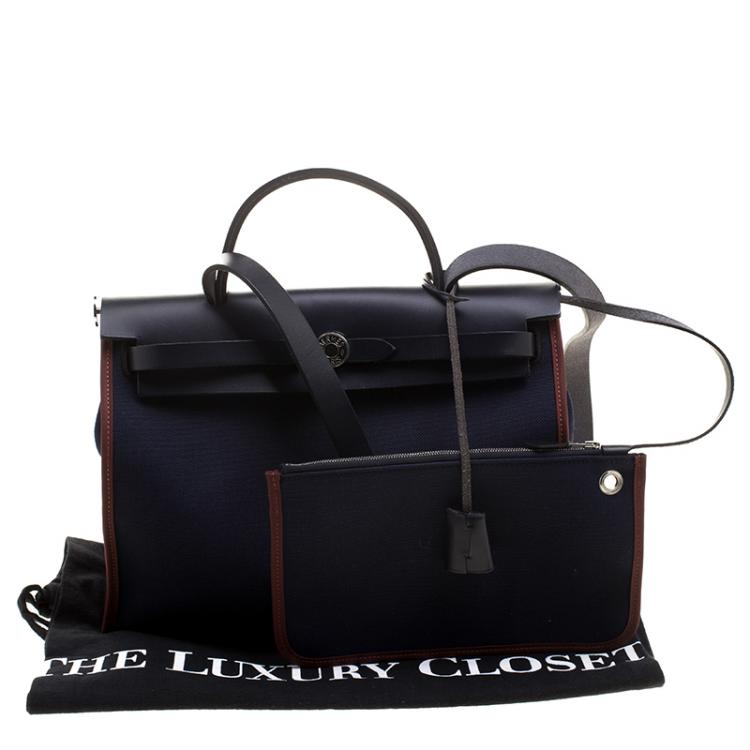 Pre Owned Hermes Black/Navy Blue Leather and Canvas Herbag Zip 31 Bag