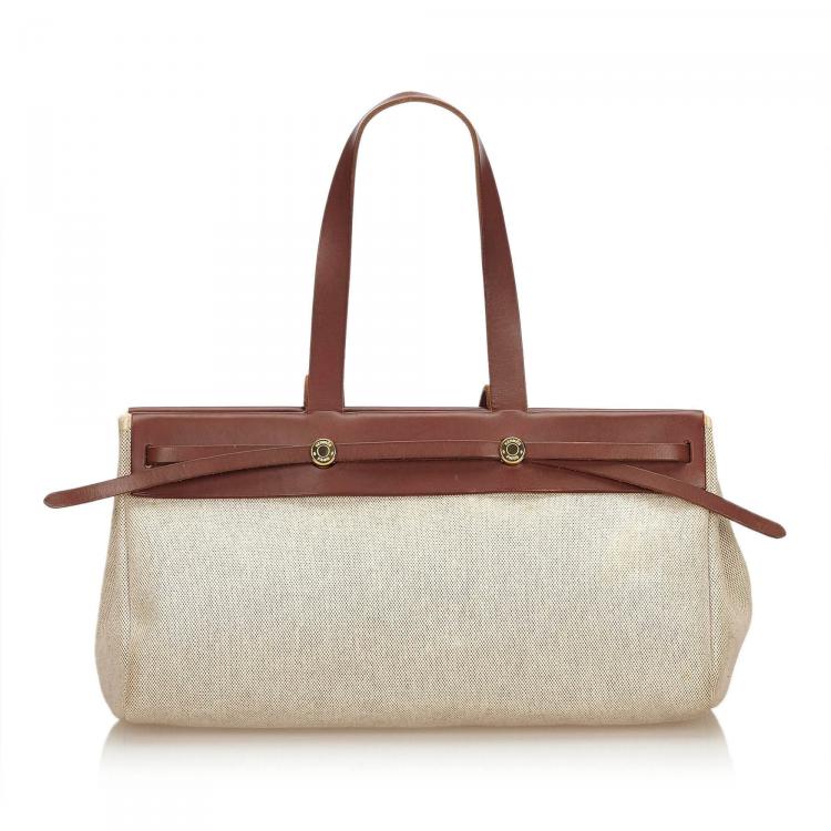 Pre Owned Hermes Beige/Brown Canvas Leather Herbag Cabas MM Bag