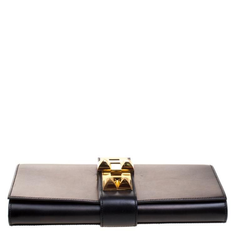 Pre Owned Hermes Metallic Black Box Leather Medor 29 Clutch