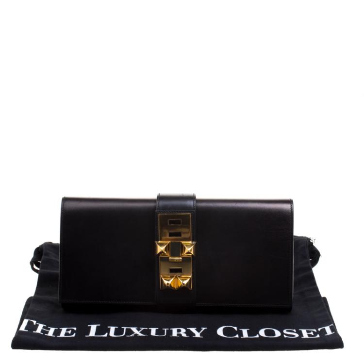 Pre Owned Hermes Metallic Black Box Leather Medor 29 Clutch