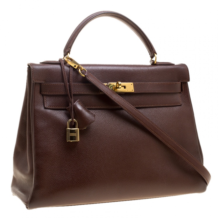 Pre Owned Hermes Brulee Veau Grain Lisse Leather Gold Hardware Kelly Retourne 32 Bag