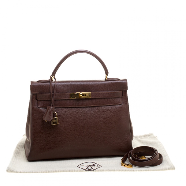 Pre Owned Hermes Brulee Veau Grain Lisse Leather Gold Hardware Kelly Retourne 32 Bag