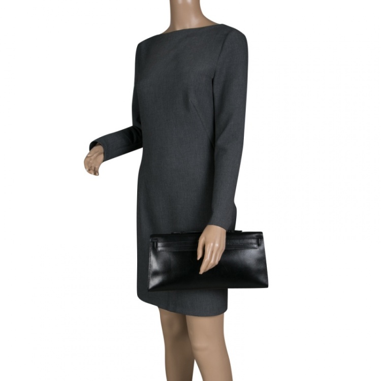 Pre Owned Hermes Black Box Calf Leather Palladium Hardware Kelly Longue Clutch 34cm