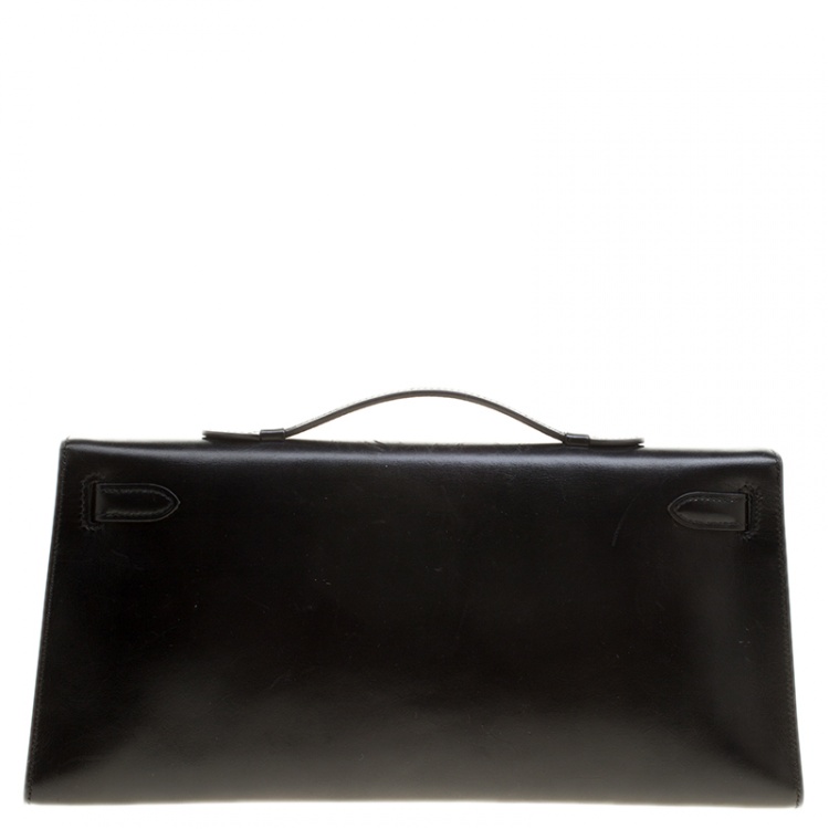 Pre Owned Hermes Black Box Calf Leather Palladium Hardware Kelly Longue Clutch 34cm