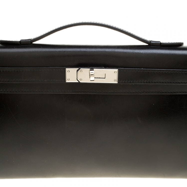 Pre Owned Hermes Black Box Calf Leather Palladium Hardware Kelly Longue Clutch 34cm
