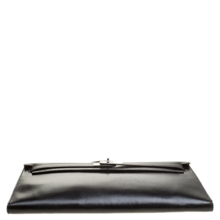 Pre Owned Hermes Black Box Calf Leather Palladium Hardware Kelly Longue Clutch 34cm