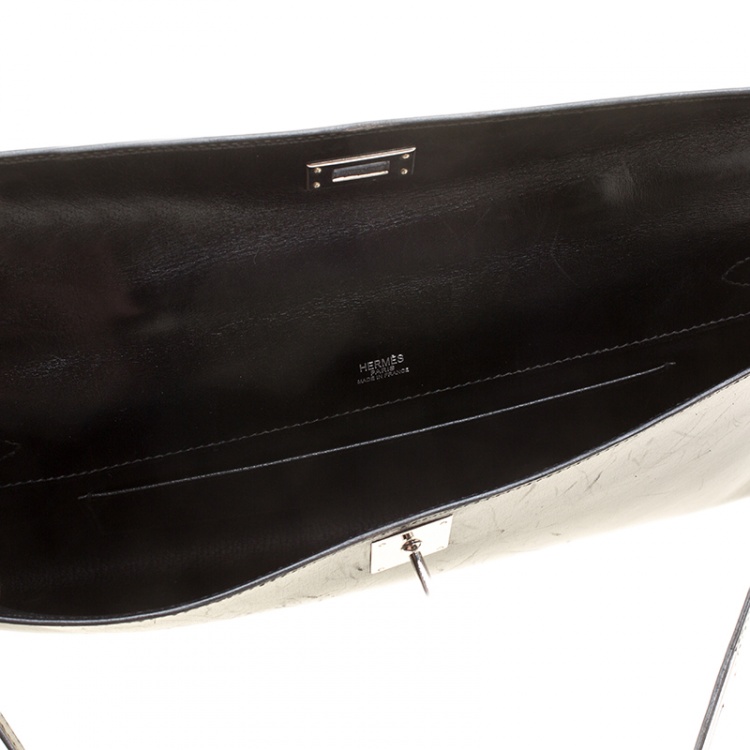 Pre Owned Hermes Black Box Calf Leather Palladium Hardware Kelly Longue Clutch 34cm