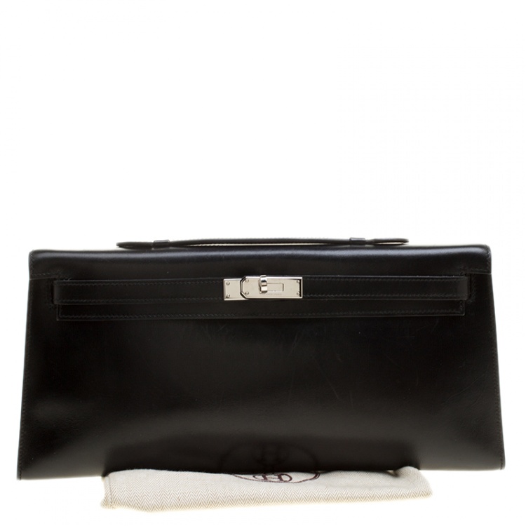 Pre Owned Hermes Black Box Calf Leather Palladium Hardware Kelly Longue Clutch 34cm