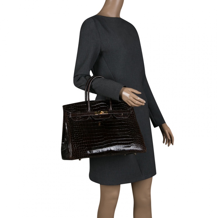 Pre Owned Hermes Dark Marron Porosus Crocodile Gold Hardware Birkin 35