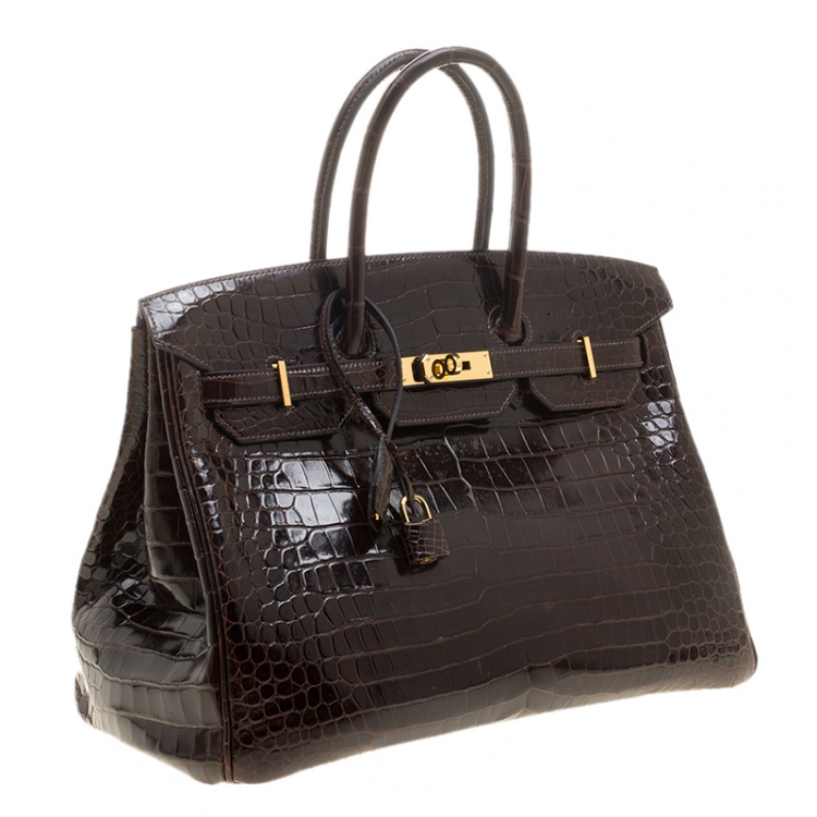 Pre Owned Hermes Dark Marron Porosus Crocodile Gold Hardware Birkin 35