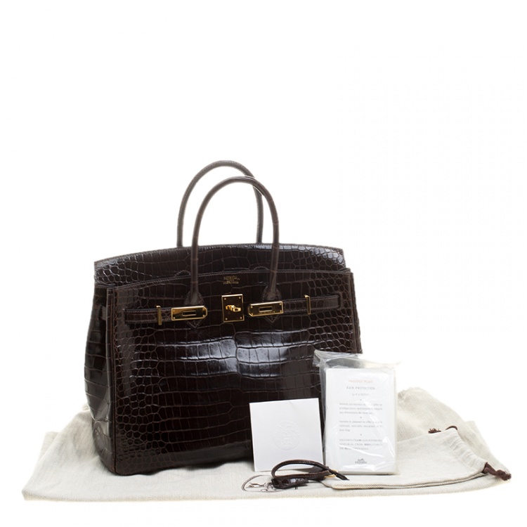 Pre Owned Hermes Dark Marron Porosus Crocodile Gold Hardware Birkin 35