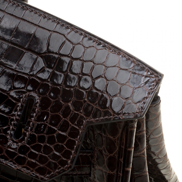 Pre Owned Hermes Dark Marron Porosus Crocodile Gold Hardware Birkin 35