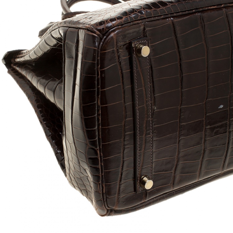 Pre Owned Hermes Dark Marron Porosus Crocodile Gold Hardware Birkin 35
