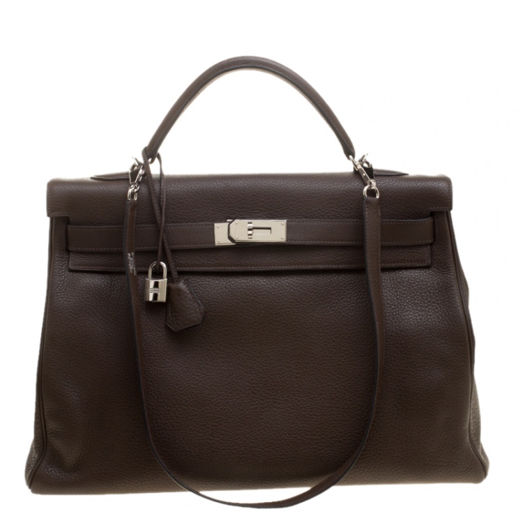 Pre Owned Hermes Cacao Clemence Leather Palladium Hardware Kelly Retourne 40 Bag