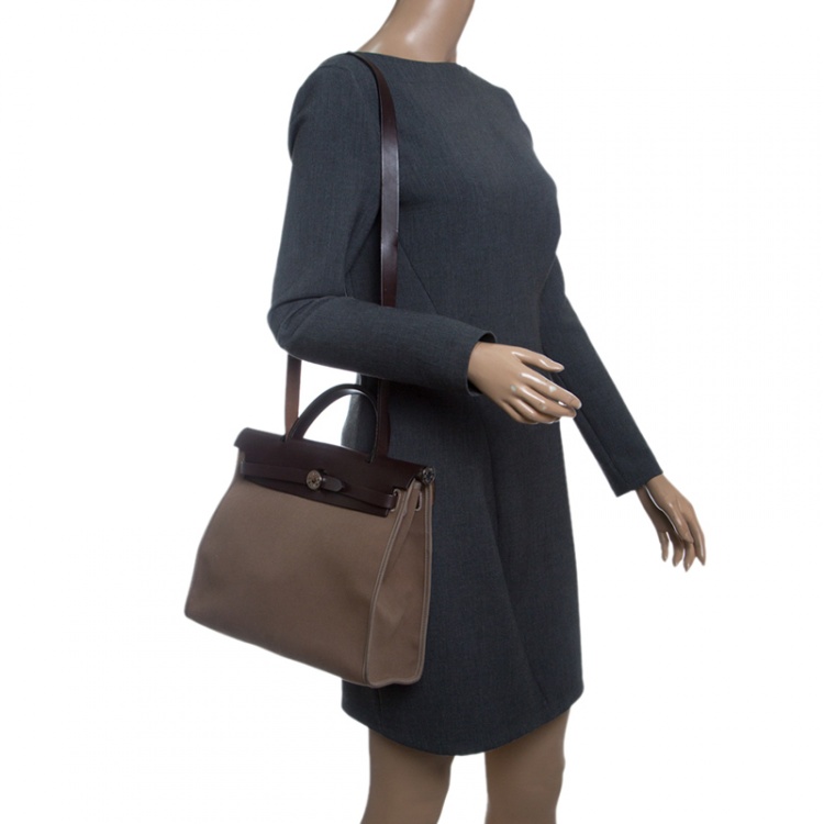 Pre Owned Hermes Dark Taupe/Dark Brown Fabric and Leather Herbag Zip 31 Bag