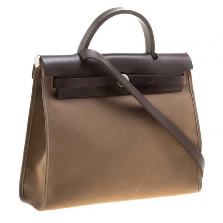 Pre Owned Hermes Dark Taupe/Dark Brown Fabric and Leather Herbag Zip 31 Bag