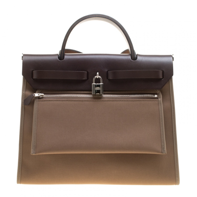 Pre Owned Hermes Dark Taupe/Dark Brown Fabric and Leather Herbag Zip 31 Bag