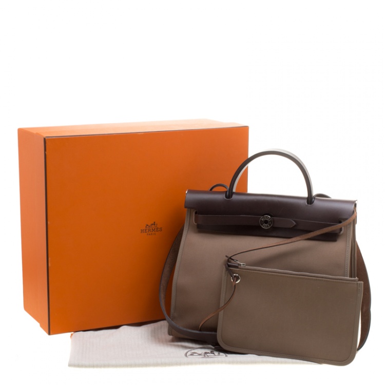 Pre Owned Hermes Dark Taupe/Dark Brown Fabric and Leather Herbag Zip 31 Bag