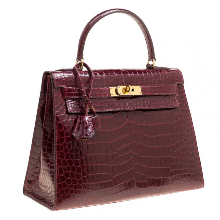 Pre Owned Hermes Burgundy Crocodile Gold Hardware Kelly Sellier 28 Bag