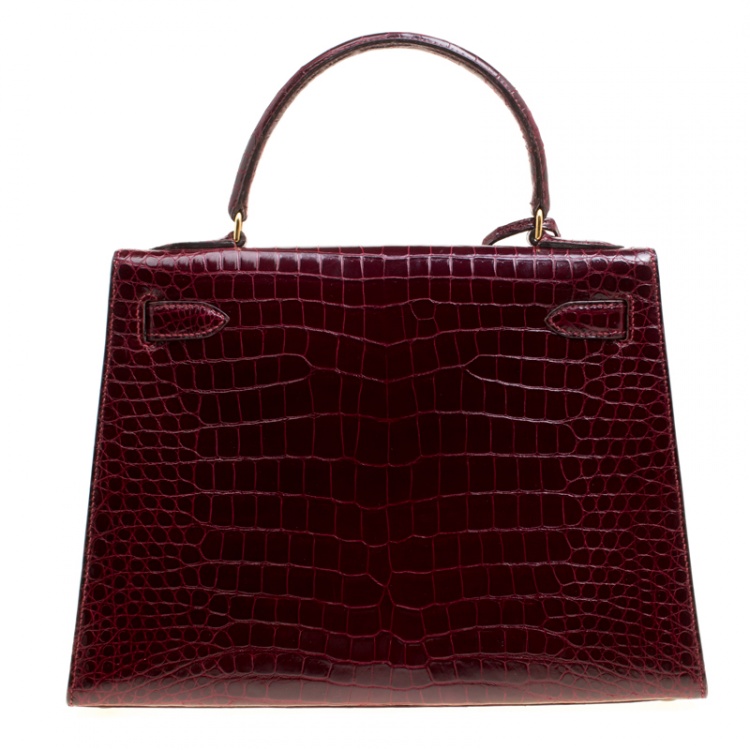 Pre Owned Hermes Burgundy Crocodile Gold Hardware Kelly Sellier 28 Bag