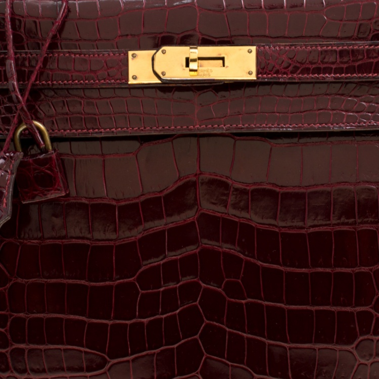 Pre Owned Hermes Burgundy Crocodile Gold Hardware Kelly Sellier 28 Bag