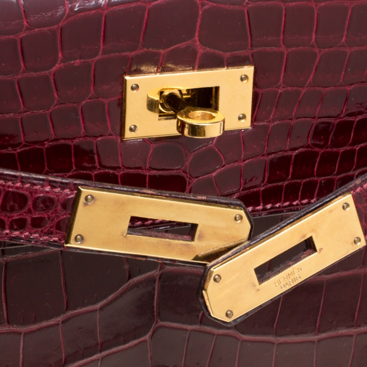 Pre Owned Hermes Burgundy Crocodile Gold Hardware Kelly Sellier 28 Bag