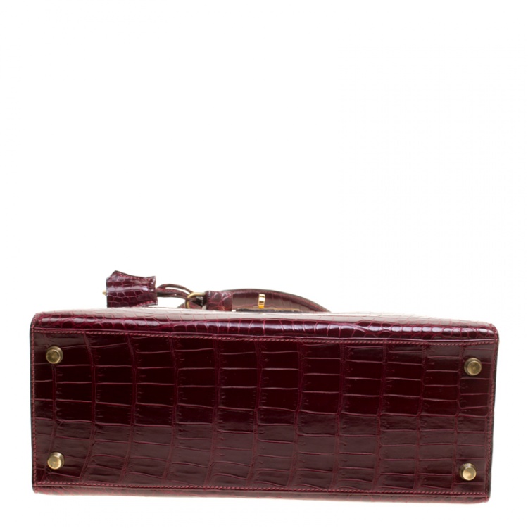 Pre Owned Hermes Burgundy Crocodile Gold Hardware Kelly Sellier 28 Bag
