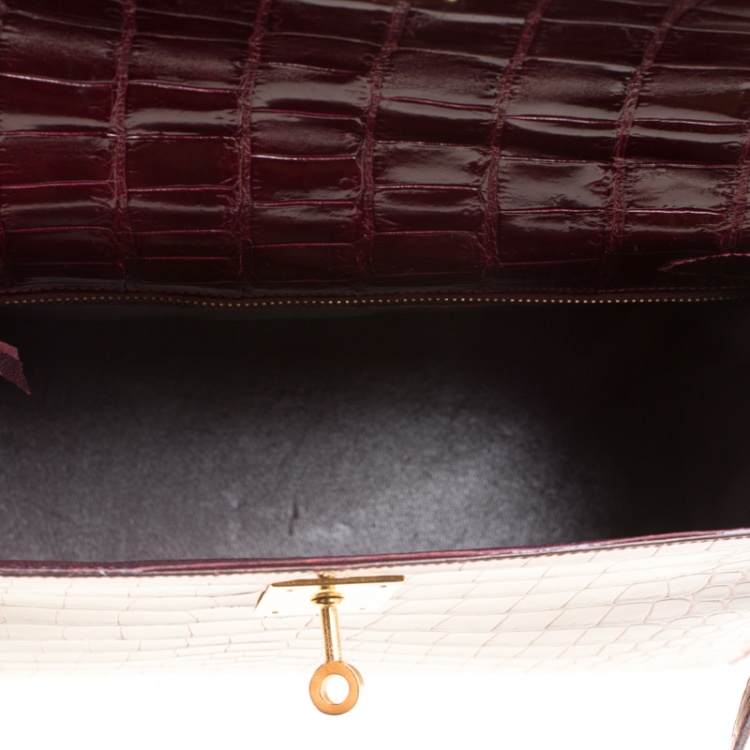 Pre Owned Hermes Burgundy Crocodile Gold Hardware Kelly Sellier 28 Bag
