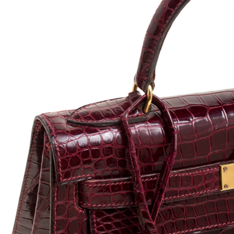 Pre Owned Hermes Burgundy Crocodile Gold Hardware Kelly Sellier 28 Bag