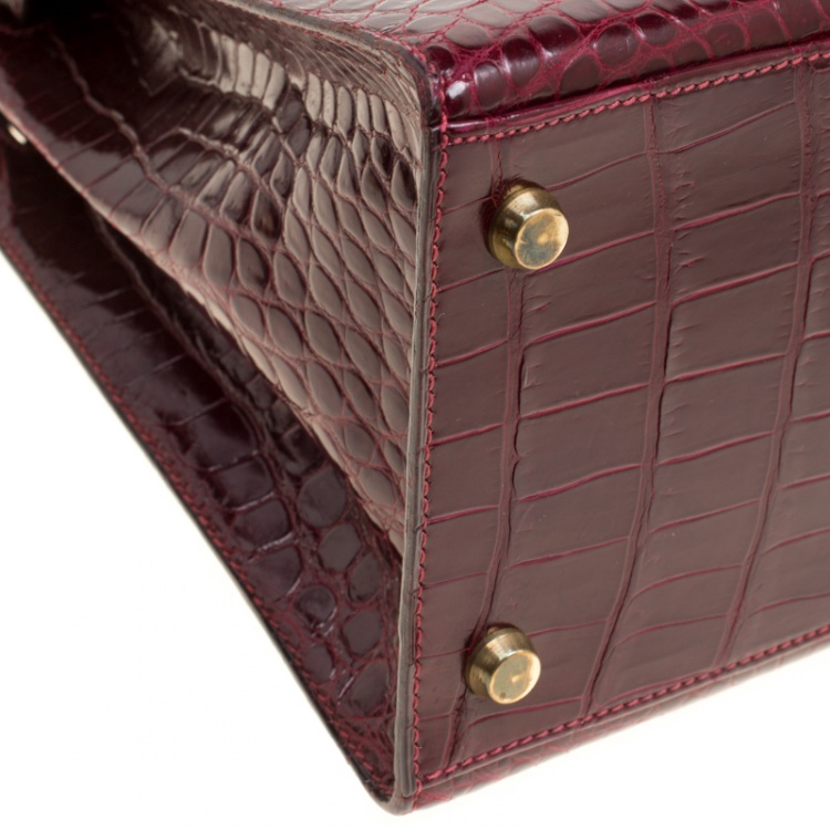 Pre Owned Hermes Burgundy Crocodile Gold Hardware Kelly Sellier 28 Bag