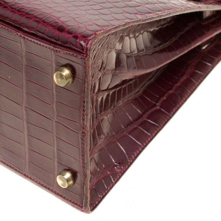 Pre Owned Hermes Burgundy Crocodile Gold Hardware Kelly Sellier 28 Bag