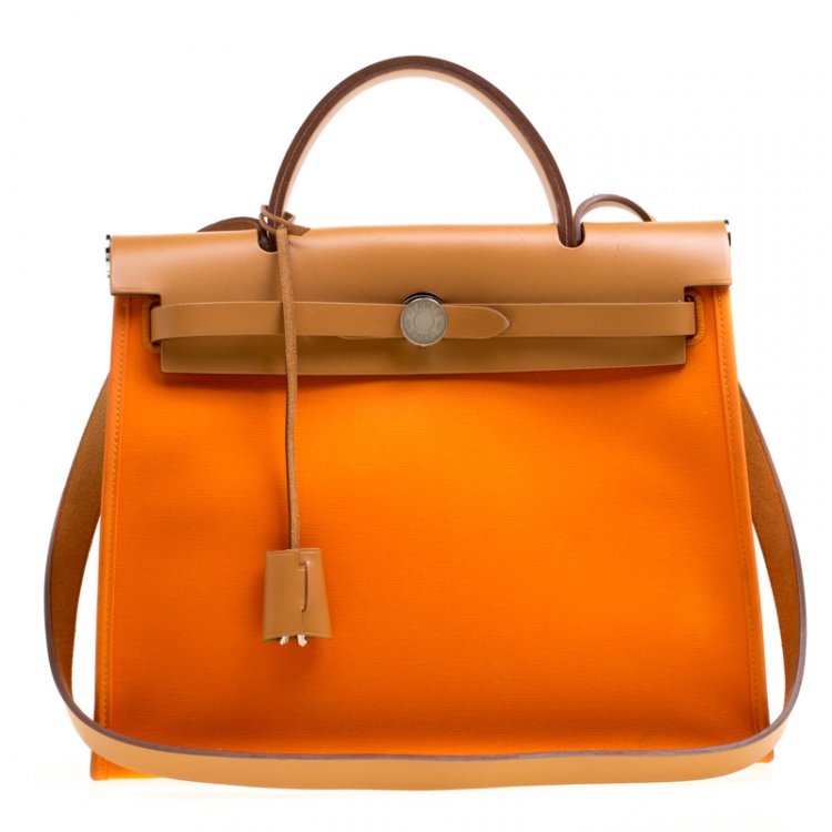 Pre Owned Hermes Brown/Capucines Leather and Fabric Herbag Zip 31 Bag