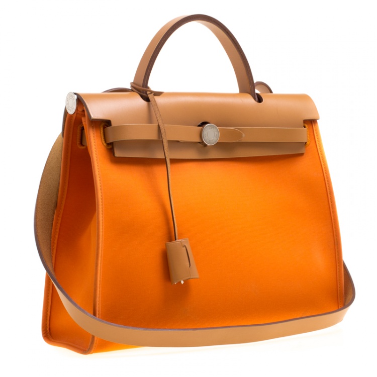 Pre Owned Hermes Brown/Capucines Leather and Fabric Herbag Zip 31 Bag