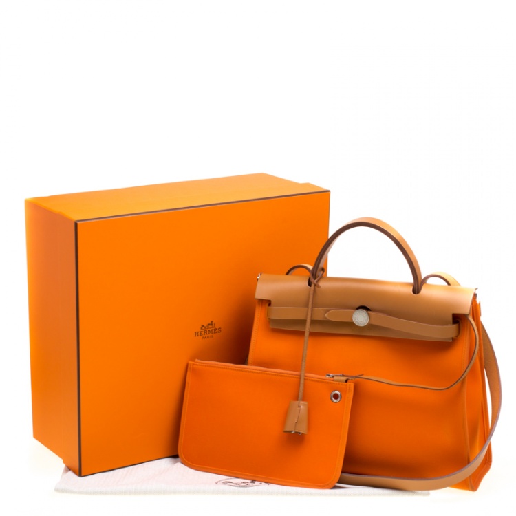 Pre Owned Hermes Brown/Capucines Leather and Fabric Herbag Zip 31 Bag